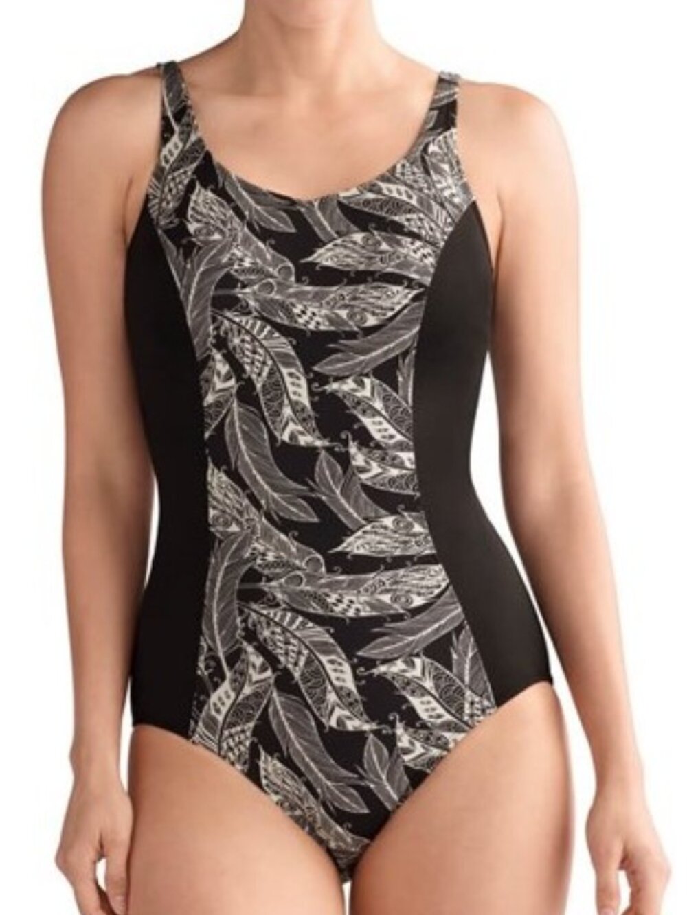 Amoena Ibiza FB Feather Mastectomy One Piece Swimsuit Size 18C Black White 71222